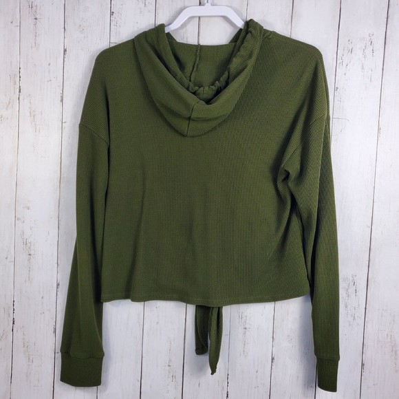 Lily White Knit Crop Sweatshirt Hooded Womens Size Medium Green Light Weight - Picture 2 of 8
